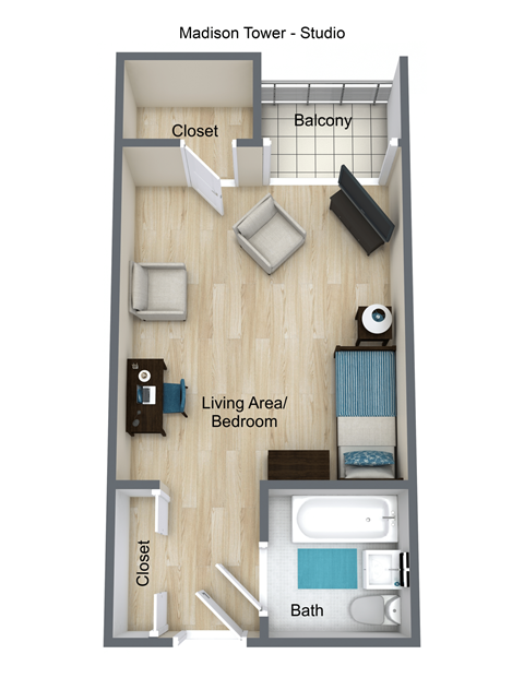 a floor plan of a bedroom with a bathroom and a living area